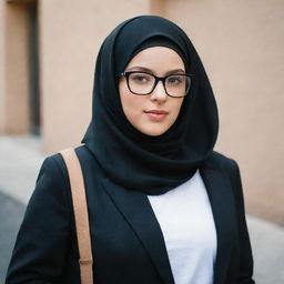 A white young girl wearing a black hijab and stylish glasses.