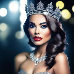 A high-resolution photograph of a sexy, fierce beauty queen in a luxurious crown, seducing the viewer under dim, dramatic lighting