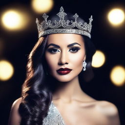 A high-resolution photograph of a sexy, fierce beauty queen in a luxurious crown, seducing the viewer under dim, dramatic lighting