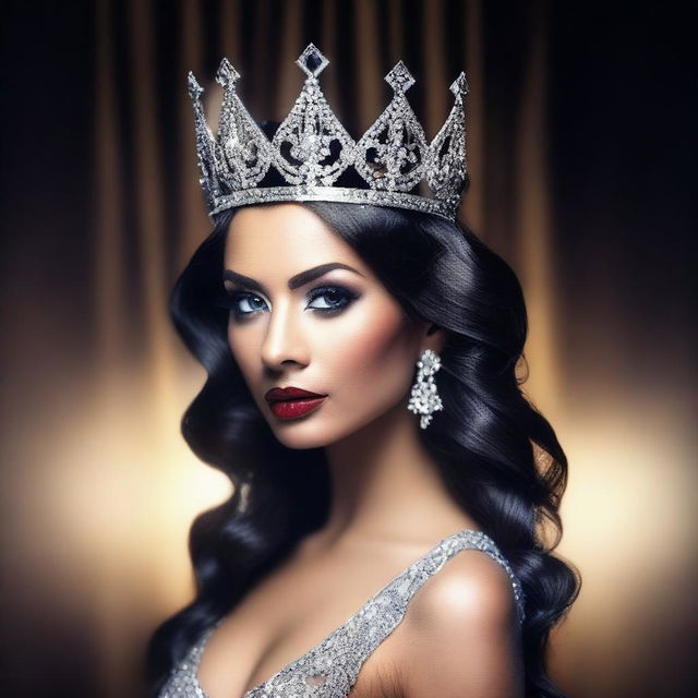 A high-resolution photograph of a sexy, fierce beauty queen in a luxurious crown, seducing the viewer under dim, dramatic lighting