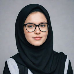 A white young girl wearing a black hijab and stylish glasses.