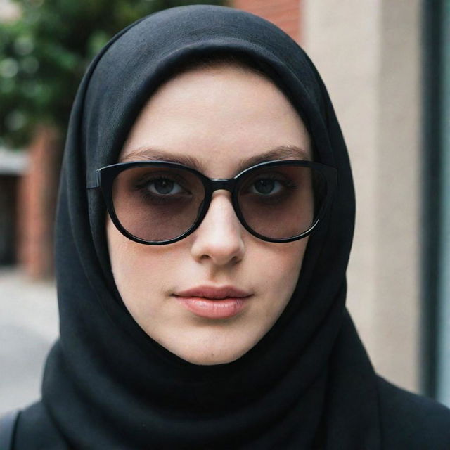 A face covered white girl wearing a black hijab and trendy glasses.