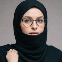 A face covered white girl wearing a black hijab and trendy glasses.