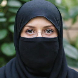 A face covered white girl wearing a black hijab and trendy glasses.