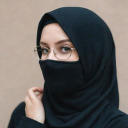 A face covered white girl wearing a black hijab and trendy glasses.