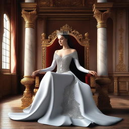 A high-quality digital art of a beautiful and seductive woman adorned with a crown, seated on a magnificent throne in a grand castle