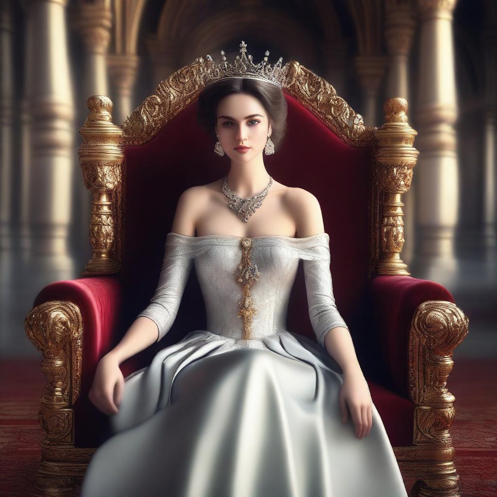 A high-quality digital art of a beautiful and seductive woman adorned with a crown, seated on a magnificent throne in a grand castle