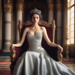 A high-quality digital art of a beautiful and seductive woman adorned with a crown, seated on a magnificent throne in a grand castle