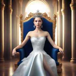 A high-quality digital art of a beautiful and seductive woman adorned with a crown, seated on a magnificent throne in a grand castle