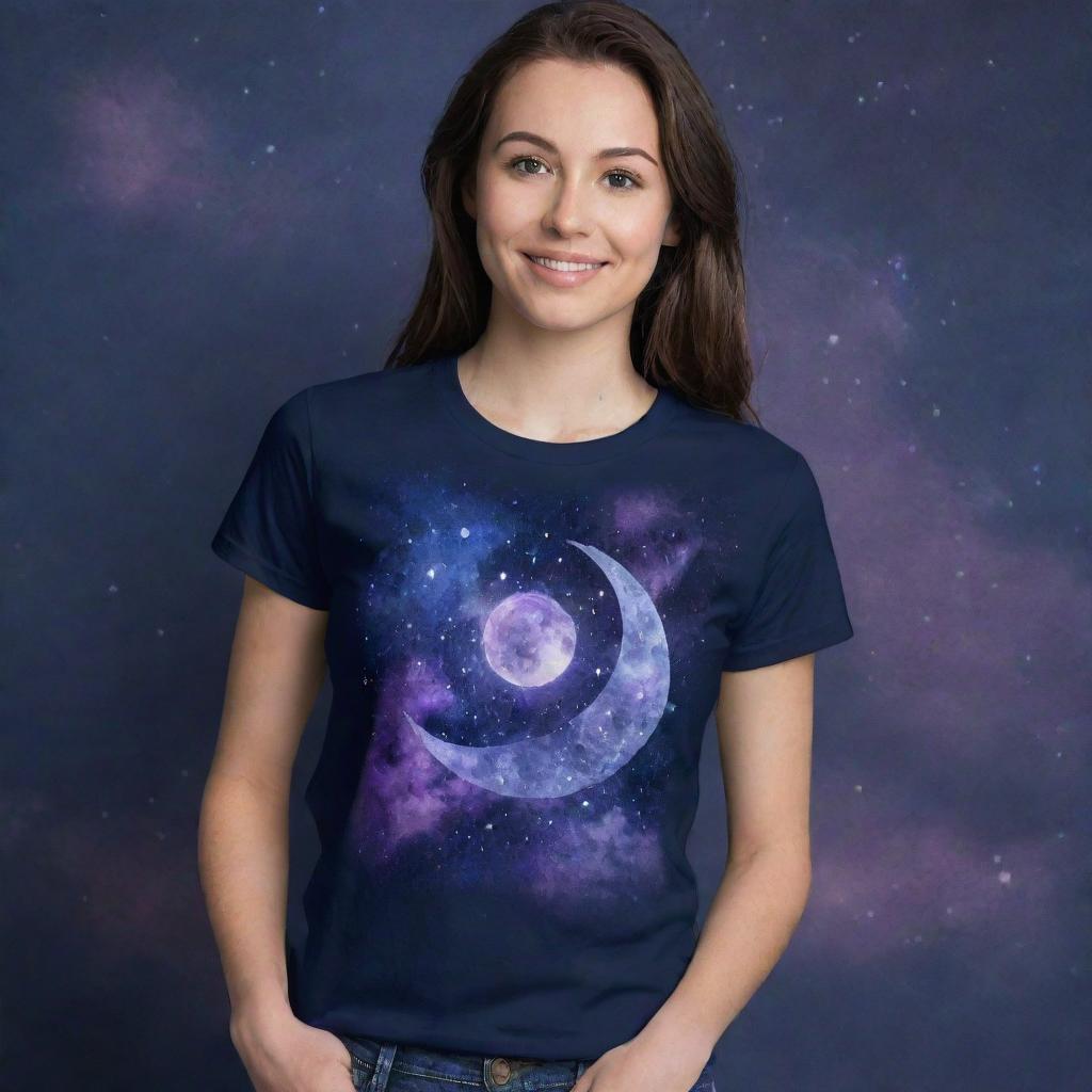 Create a majestic T-shirt design with a celestial theme. Incorporate a crescent moon, swirling nebula patterns, and an inspirational quote. Use a palette of midnight blue, nebula purple, and stardust silver to create a magical, harmonious aesthetic.