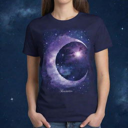 Create a majestic T-shirt design with a celestial theme. Incorporate a crescent moon, swirling nebula patterns, and an inspirational quote. Use a palette of midnight blue, nebula purple, and stardust silver to create a magical, harmonious aesthetic.