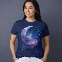 Create a majestic T-shirt design with a celestial theme. Incorporate a crescent moon, swirling nebula patterns, and an inspirational quote. Use a palette of midnight blue, nebula purple, and stardust silver to create a magical, harmonious aesthetic.