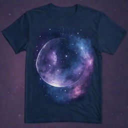 Create a majestic T-shirt design with a celestial theme. Incorporate a crescent moon, swirling nebula patterns, and an inspirational quote. Use a palette of midnight blue, nebula purple, and stardust silver to create a magical, harmonious aesthetic.