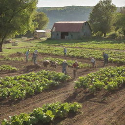 A verdant, bustling farm with diligent farmers tilling the soil, tending to a variety of livestock, and picking fresh fruits and vegetables under the blissful sunlight.