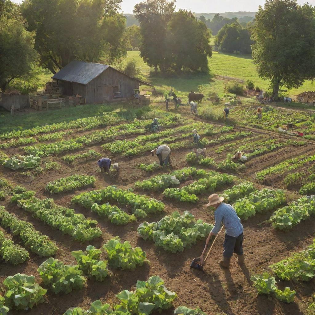 A verdant, bustling farm with diligent farmers tilling the soil, tending to a variety of livestock, and picking fresh fruits and vegetables under the blissful sunlight.