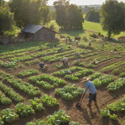 A verdant, bustling farm with diligent farmers tilling the soil, tending to a variety of livestock, and picking fresh fruits and vegetables under the blissful sunlight.