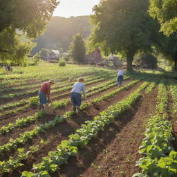 A verdant, bustling farm with diligent farmers tilling the soil, tending to a variety of livestock, and picking fresh fruits and vegetables under the blissful sunlight.