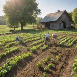 A verdant, bustling farm with diligent farmers tilling the soil, tending to a variety of livestock, and picking fresh fruits and vegetables under the blissful sunlight.