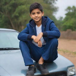 A good-looking young boy named Manish sitting on the hood of a car, posing confidently.