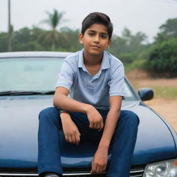 A good-looking young boy named Manish sitting on the hood of a car, posing confidently.