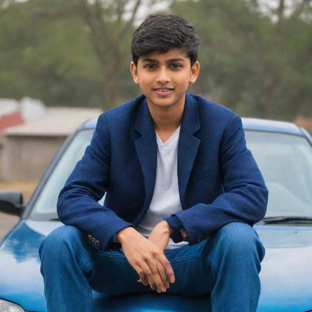 A good-looking young boy named Manish sitting on the hood of a car, posing confidently.