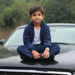 A good-looking young boy named Manish sitting on the hood of a car, posing confidently.