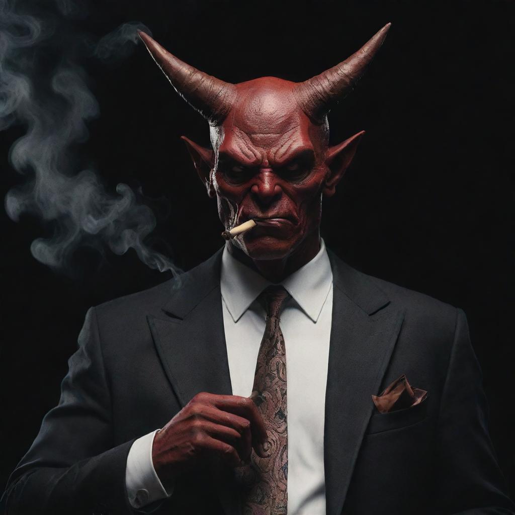 A humanoid devil character calmly smoking a cigar, with features depicted in a dark and brooding style.