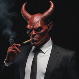 A humanoid devil character calmly smoking a cigar, with features depicted in a dark and brooding style.