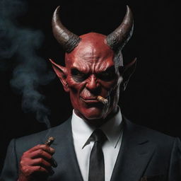 A humanoid devil character calmly smoking a cigar, with features depicted in a dark and brooding style.