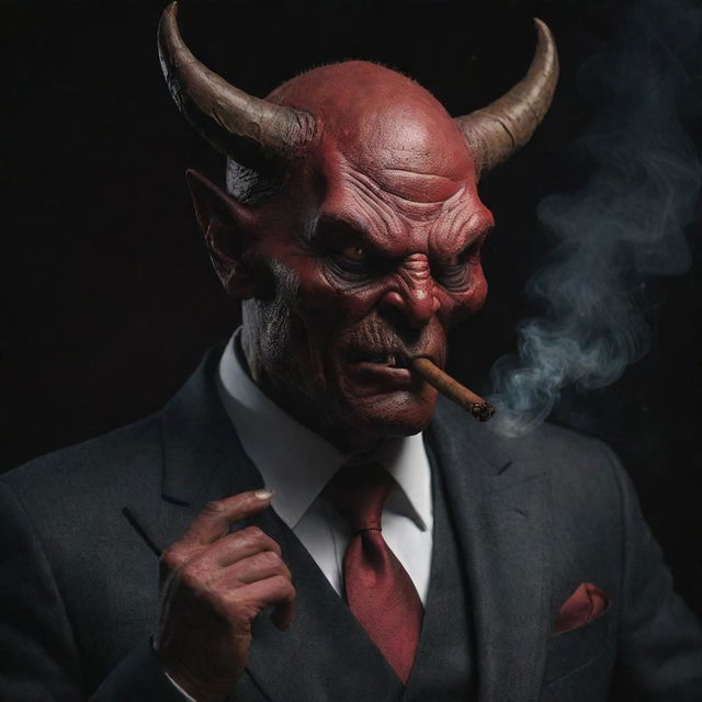 A humanoid devil character calmly smoking a cigar, with features depicted in a dark and brooding style.