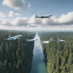 Generate a 3D animation-style illustration representing three front-view aeroplanes flying over a levitating landscape filled with forests and buildings, submerged in clouds. Convey movement with an active camera perspective.