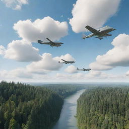 Generate a 3D animation-style illustration representing three front-view aeroplanes flying over a levitating landscape filled with forests and buildings, submerged in clouds. Convey movement with an active camera perspective.