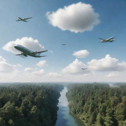 Generate a 3D animation-style illustration representing three front-view aeroplanes flying over a levitating landscape filled with forests and buildings, submerged in clouds. Convey movement with an active camera perspective.