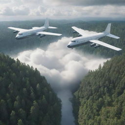 Generate a 3D animation-style illustration representing three front-view aeroplanes flying over a levitating landscape filled with forests and buildings, submerged in clouds. Convey movement with an active camera perspective.