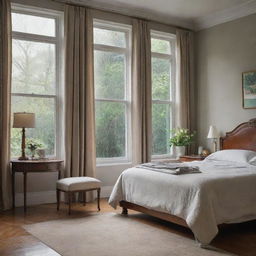 Classic bedroom interior on a rainy day. Incorporate elements of aesthetic design such as vintage furniture, dappled light from the window reflecting the rain outside, and soothing, muted colors.