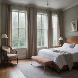 Classic bedroom interior on a rainy day. Incorporate elements of aesthetic design such as vintage furniture, dappled light from the window reflecting the rain outside, and soothing, muted colors.