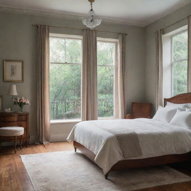 Classic bedroom interior on a rainy day. Incorporate elements of aesthetic design such as vintage furniture, dappled light from the window reflecting the rain outside, and soothing, muted colors.