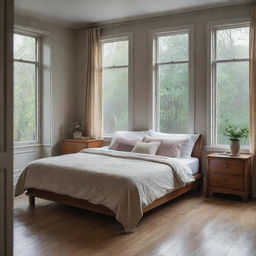 Classic bedroom interior on a rainy day. Incorporate elements of aesthetic design such as vintage furniture, dappled light from the window reflecting the rain outside, and soothing, muted colors.