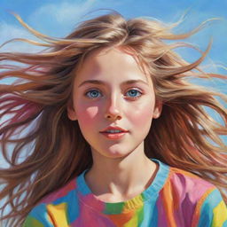 A digitally illustrated portrait of a young girl with bright, expressive eyes, and hair flowing in the wind, adorned in her playful and colorful casual clothing.