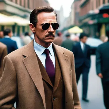 In the movie, the detective wears a stylish outer garment over his suit.