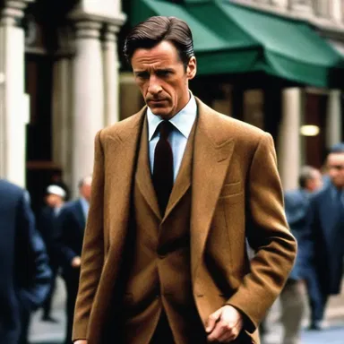In the movie, the detective wears a stylish outer garment over his suit.