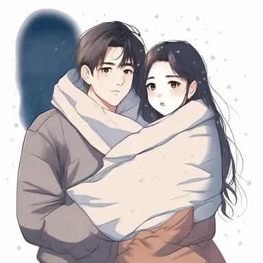 The lover carefully wrapped his partner's shoulders with his own outer garment to keep her warm in the cold night.