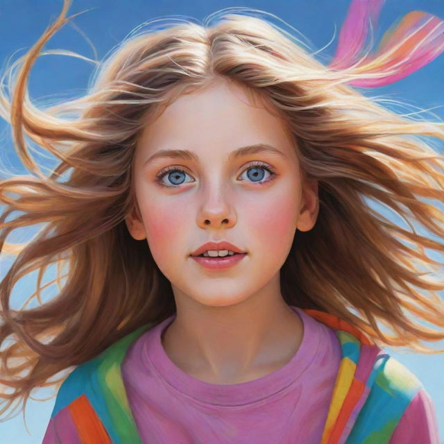 A digitally illustrated portrait of a young girl with bright, expressive eyes, and hair flowing in the wind, adorned in her playful and colorful casual clothing.