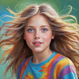 A digitally illustrated portrait of a young girl with bright, expressive eyes, and hair flowing in the wind, adorned in her playful and colorful casual clothing.