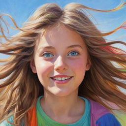 A digitally illustrated portrait of a young girl with bright, expressive eyes, and hair flowing in the wind, adorned in her playful and colorful casual clothing.