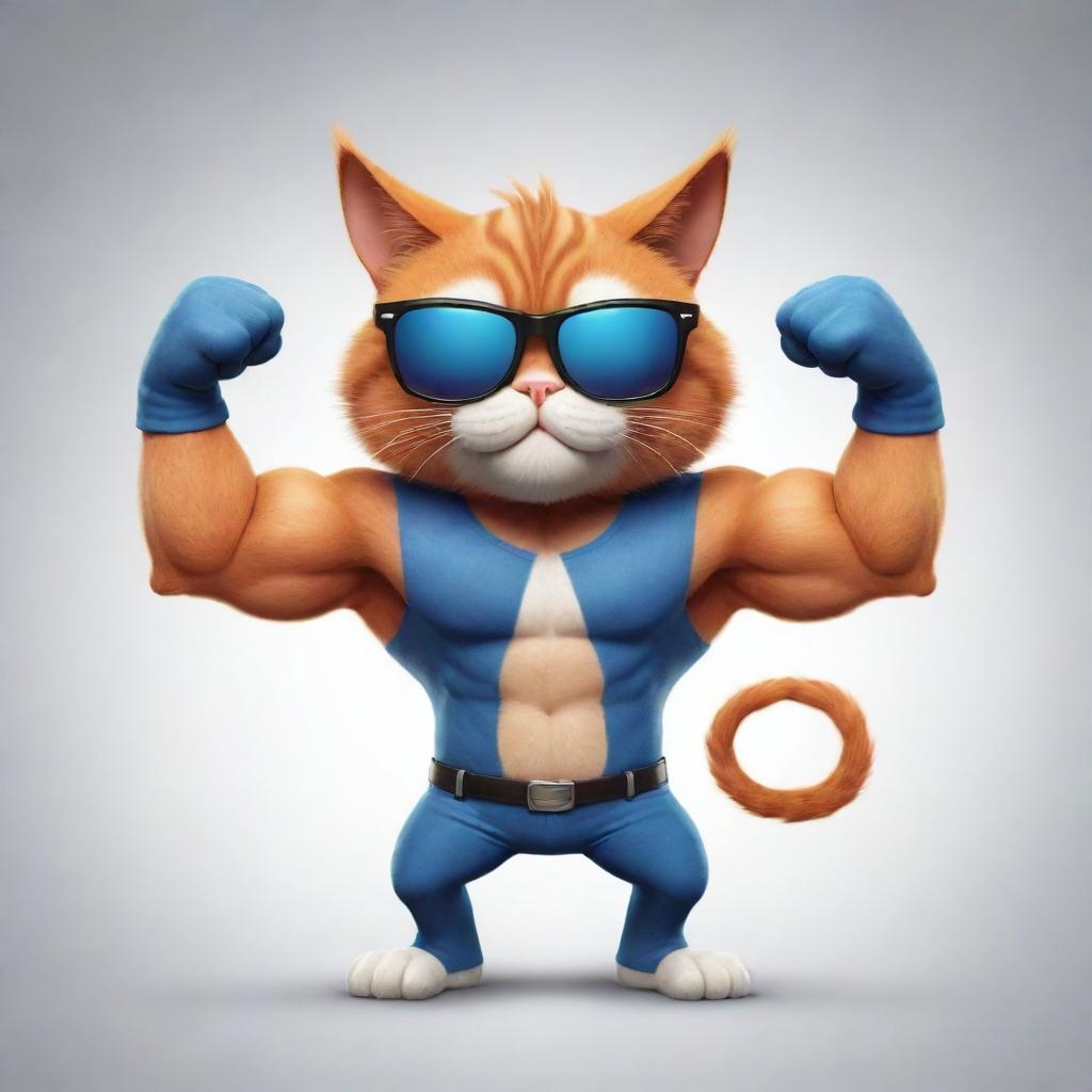 A cartoon-like, ultra-muscular cat striking a pose to flex its biceps, wearing cool sunglasses, showcasing an amusing combination of toughness and feline charm.