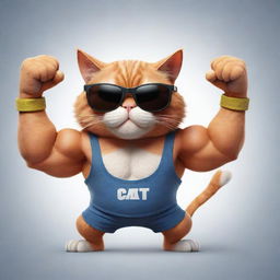 A cartoon-like, ultra-muscular cat striking a pose to flex its biceps, wearing cool sunglasses, showcasing an amusing combination of toughness and feline charm.