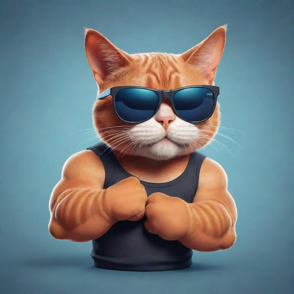 A cartoon-like, ultra-muscular cat striking a pose to flex its biceps, wearing cool sunglasses, showcasing an amusing combination of toughness and feline charm.