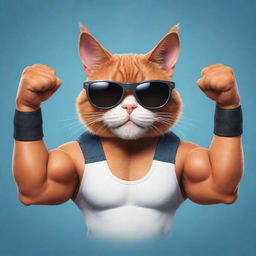 A cartoon-like, ultra-muscular cat striking a pose to flex its biceps, wearing cool sunglasses, showcasing an amusing combination of toughness and feline charm.