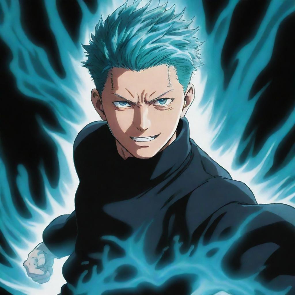 Illustration of Gojo Satoru from Jujutsu Kaisen radiating a turquoise aura of limitless energy